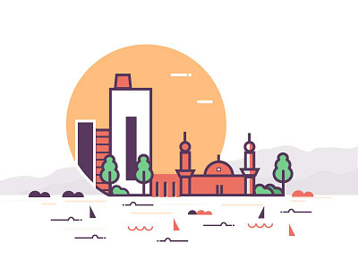 Illustration 2 building color fish water icon illustration 2 landscape masjid sunset