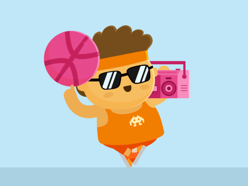 Hello, Dribbble! after effects animation ball boombox debut dribbble flat gif kid lil bro motion walk