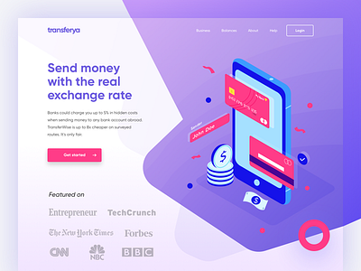 Transferya Landing Page Concept bank bitcoin cash credit card currency homepage illustration isometric landing page money payment ui
