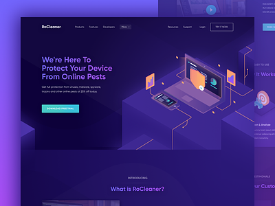 Landing Page Rocleaner cleaner cleaning homepage isometric landing page maintenance optimize repair secure service ui website
