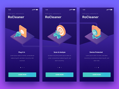 Onboarding Rocleaner app cleaner cleaning illustration isometric maintenance onboarding optimize repair secure service ui