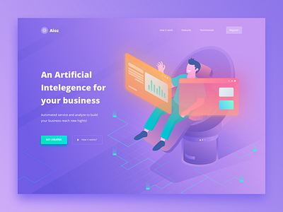 Aioz Artificial Intelegent Landing Page ai artificial intelegence automation business chart growth isometric landing page smart track website