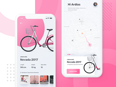 Sharing Bike App ai app bike booking buy clean cycle ecommerce map minimalism navigation parking photo pink rent sharing smart sport ui