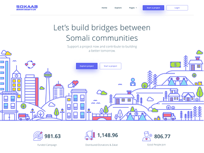 Sokaab - Crowdfunding Landing Page collect crowdfunding donation fund fundraising header homepage icon illustration invest landing page line money movement social website