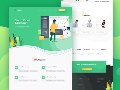 Triggmine - Email Assistant Landing Page ai artificial intelligence assistant control dashboard email green homepage illustration landing page profile robot smart tech company ui website