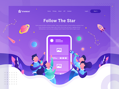 Starbeat Header Illustration - Follow The Star city community compete connect header homepage illustration interaction landing page photo purple social media space website