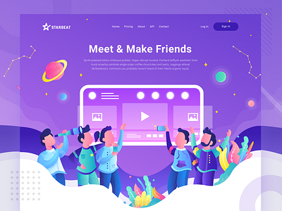 Starbeat Header Illustration - Meet Friends city community compete connect header homepage illustration interaction landing page photo purple social media video website