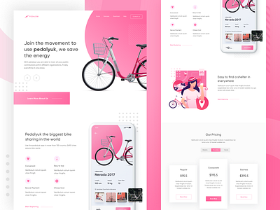 Pedalyuk - Bike Sharing App Landing Page app bike booking cycle homepage illustration landing page minimalist parking pink rent sharing smart sport ui web design