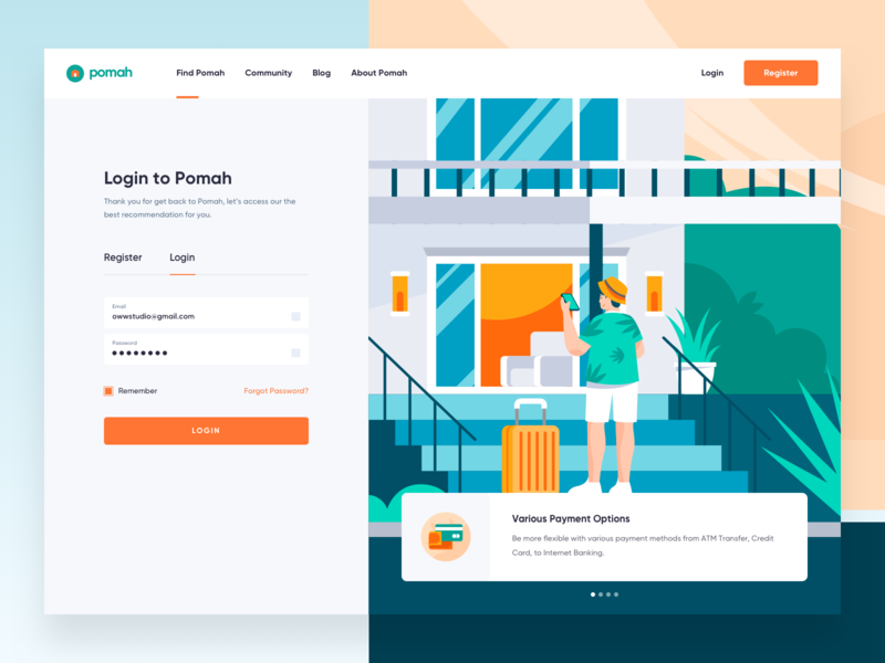 Pomah Rent House - Login Page app booking home hotel house illustration login page payment real estate register rent room sign in ui web design