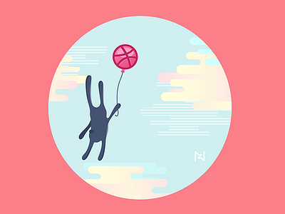 Rabbit Dribbbling Around ai baloon cutie pie debut flat illustration nz pale blue rabbit