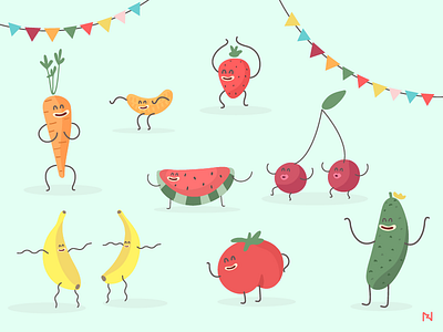 Birthday Party bananas dance fruits illustration party shakeit vector veggies