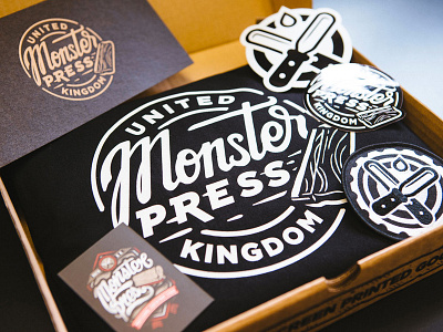 Monster Press branding badge badgedesign custom script design graphic design lettering logo merch typography