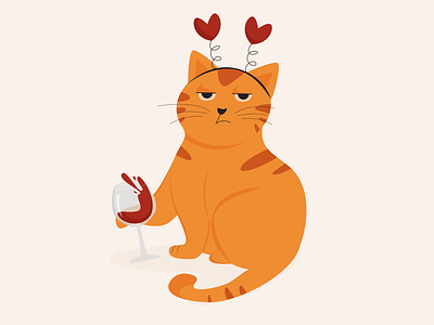 Lonely cat with wine. a glass of wine alone cat illustration love