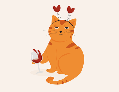 Lonely cat with wine. a glass of wine alone cat illustration love
