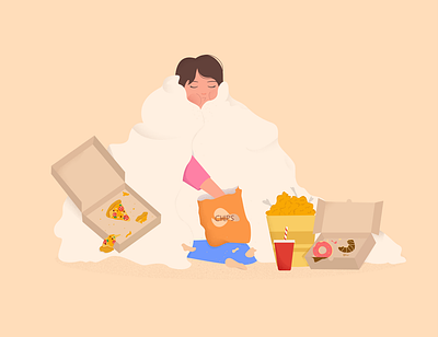Living in isolation. comfort at home fast food girl in the blanket illustration stay at home vector illustration