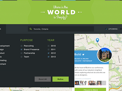 Shopify Conference Map checkboxes clean flat green map minimal pin search shopify simple