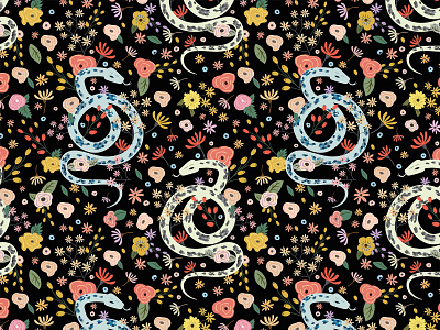 Snake and Flowers dark design flowers illustration pattern pattern art patterndesign print snake vector