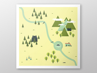 Woodland Creatures Poster art artwork clouds forest illustration illustrator mountains pond poster river trees vector