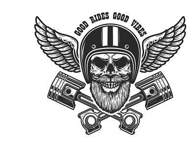 Biker skull in winged helmet and crossed pistons bearded skull biker brand mark design logo piston skull vector vintage winged helmet