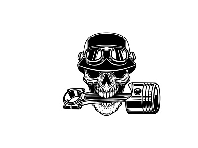 Skull with car piston in teeth biker car piston logo moto piston racer helmet skull vector vintage
