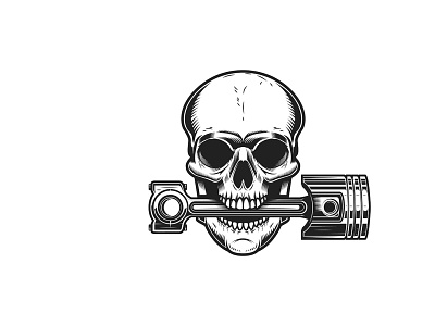 Skull with car piston in teeth car piston logo moto piston racer helmet skull vector vintage