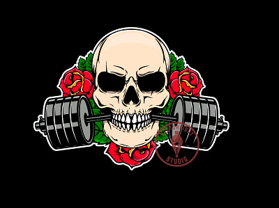 Skull with gym barbell in teeth. barbell dumbbell gym illustration logo procreate roses skull skull with barbell skull with roses t shirt print tattoo vector vintage