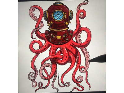 Diver helmet with octopus tentacles design diver diver helmet diving illustration octopus procreate t shirt design tentacles vintage