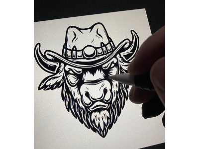 Buffalo in cowboy hat. buffalo cowboy design engraving illustration procreate vintage