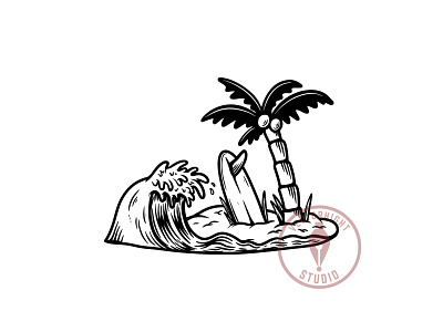 Illustration of palm with wave and surfing deck.