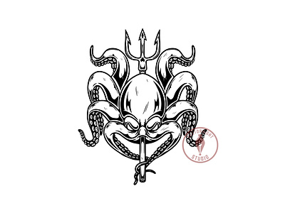 Illustration of octopus with poseidon trident. halloween illustration monster octopus procreate t shirt print trident