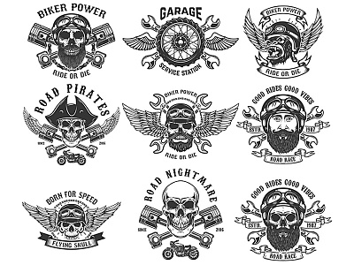 Biker Club emblems badge biker chopper extreme motor piston racer skull wheel wings