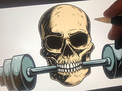 Skull with barbell in his mouth