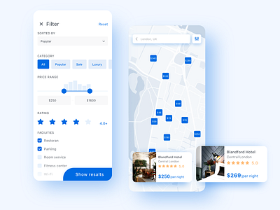 Hotel Booking App Concept app applicaiton booking clean filter hotel interface ios map minimal mobile search travel travel app ui ux white