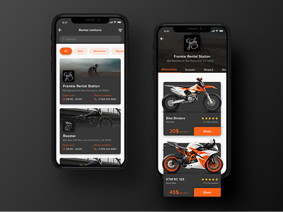 Rental app Concept: Search & Booking screen app applicaiton bike book booking concept dark ecommerce interface ios ipone x list mobile motorbike profile rent rental search ui ux