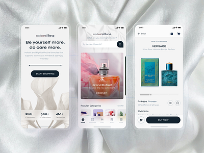 Natural Luxe - Luxury Perfume App UID Concept app branding clean design graphic design illustration logo perfume typography ui ux