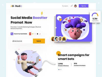 Social Media Marketing Boostter Website 3d agency landing page business clean ui colorful design creative design graphic design home page illustration interface landing page logo marketing marketing agency popular design social media social media templates trend 2021 ui web