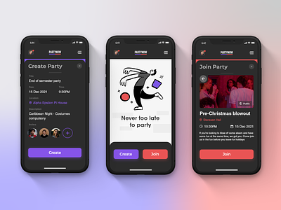 Party & Events Mobile App create event create screen dark ui event event screen events party planner planner app