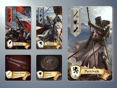 The game cards with knights character flag gamecard gamedesign gauntlet gradient graphic design hero icon knight knightonhorse nft playingcard ribbon shield skill sword tablegame vectorgraphic warrior