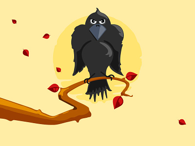 Raven Perching on a Branch animal bird branch cartoon character crow leafs perch raven sit tree vector wildlife yellow
