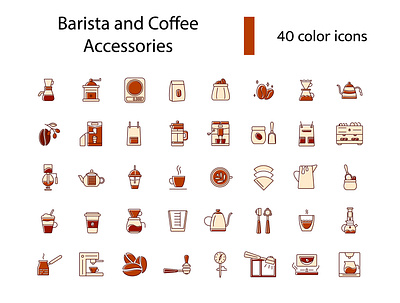 Barista and Coffee accessories icon set barista bean coffee collection drink equipment icon illustration machine