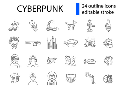 Cyberpunk icons set. Futuristic symbols collection city collection cyberpunk design exoskeleton future futuristic icon illustration logo robot set symbol