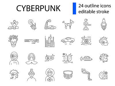 Cyberpunk icons set. Futuristic symbols collection