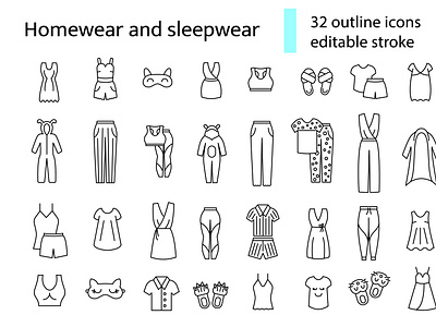 Homewear and sleepwear icons set. Textile industry symbols