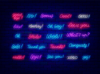 Neon simple quotes. Shiny lettering on brick wall brick bye collection congrats cool design glow hello hi illustration lettering light neon phrase quote set shiny thanks wall wow