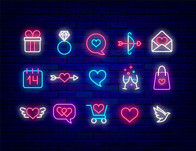 Happy Valentines day neon icon set. Vector illustration collection design february glow happy heart holiday icon illustration love neon set shiny symbol valentine vector