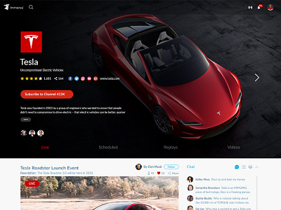 Tesla Channel Page channel landing page live live stream page slider stream tesla tesla roadster ui web web design