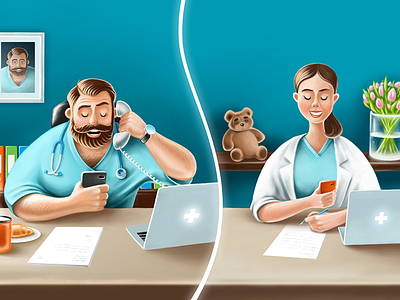 Illustration for greeting card cartoon character doctor fun greeting hospital illustration man medical smile woman