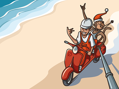 Illustration for greeting card. beach boy character flat illustration mascot monkey newyear red sea selfie vector