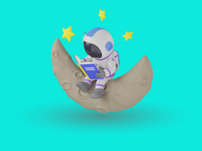 Astronaut Reading A Book On The Moon 3d school