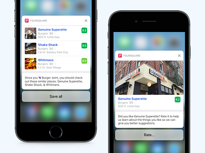 Foursquare - iOS Notifications 3d touch foursquare ios notification peek and pop ping rich notification ui ux